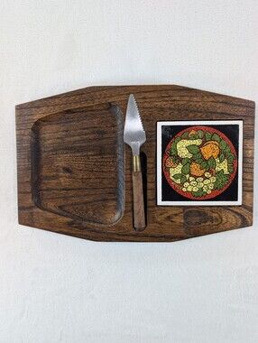 Vintage 70s Japanese Wood Cheese Board Tile Inlay & Knife Mid Century MCM